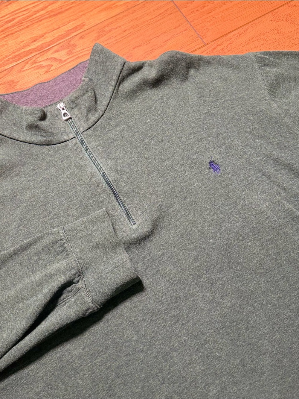 Polo by Ralph Lauren Men's Olive Green Quarter-Zip Sweater with Purple Pony
